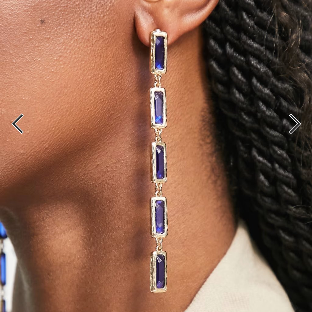 Asos Design Drop Earrings With Linear Blue Crystal Baguette Design In Gold Tone 5$